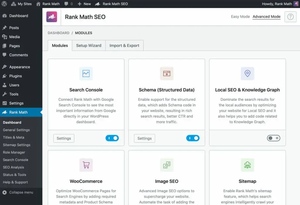 Rank Math SEO plugin dashboard