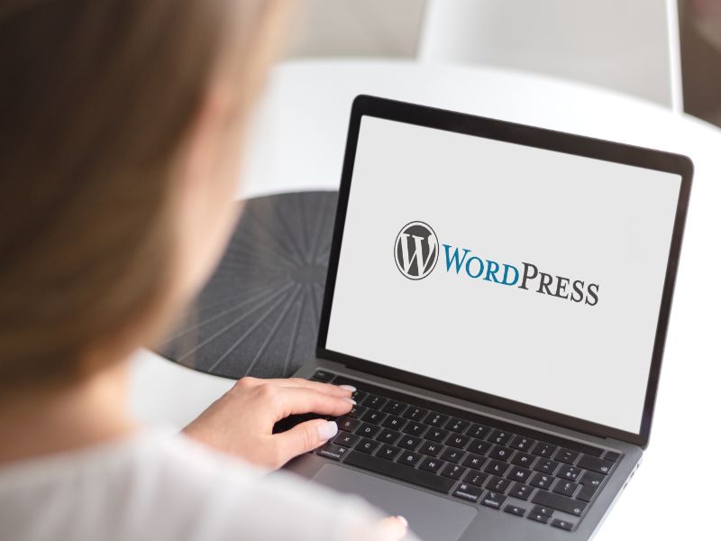 Woman with laptop and Wordpress logo