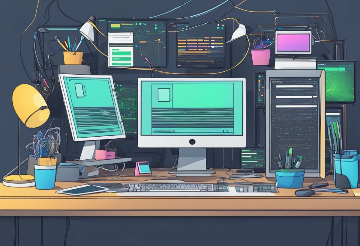 A computer with multiple screens, code editor, and web development software open, surrounded by a clutter of wires and tech accessories