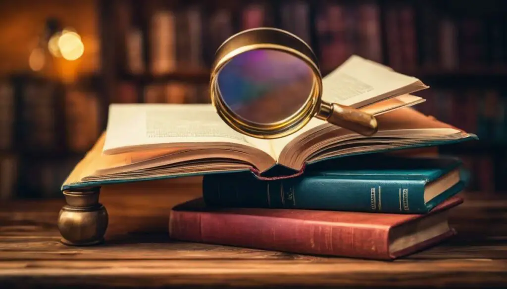 Hardbound books and magnifying lens
