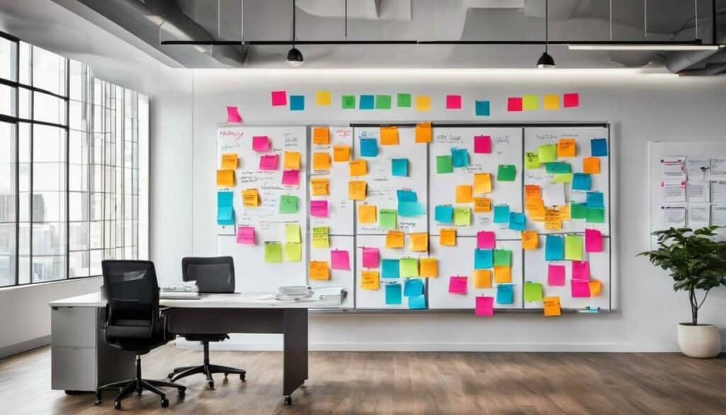 Empty office with colorful post it notes
