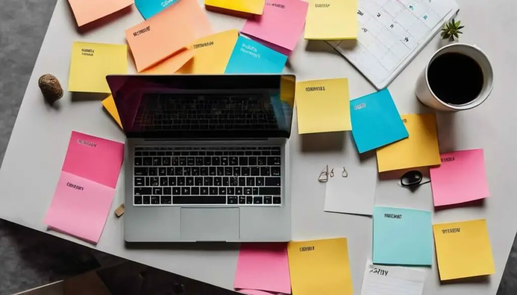 Laptop with coffee and colorful post it notes