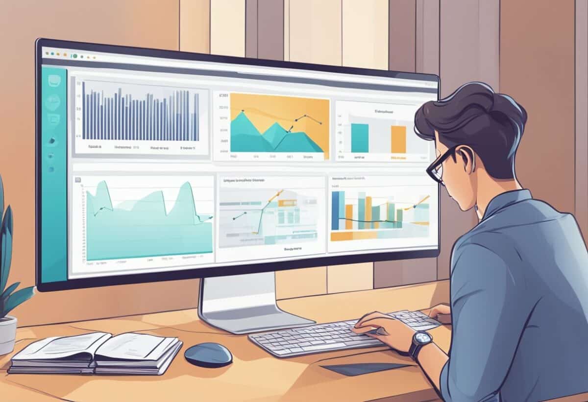 Man working on computer with big screen