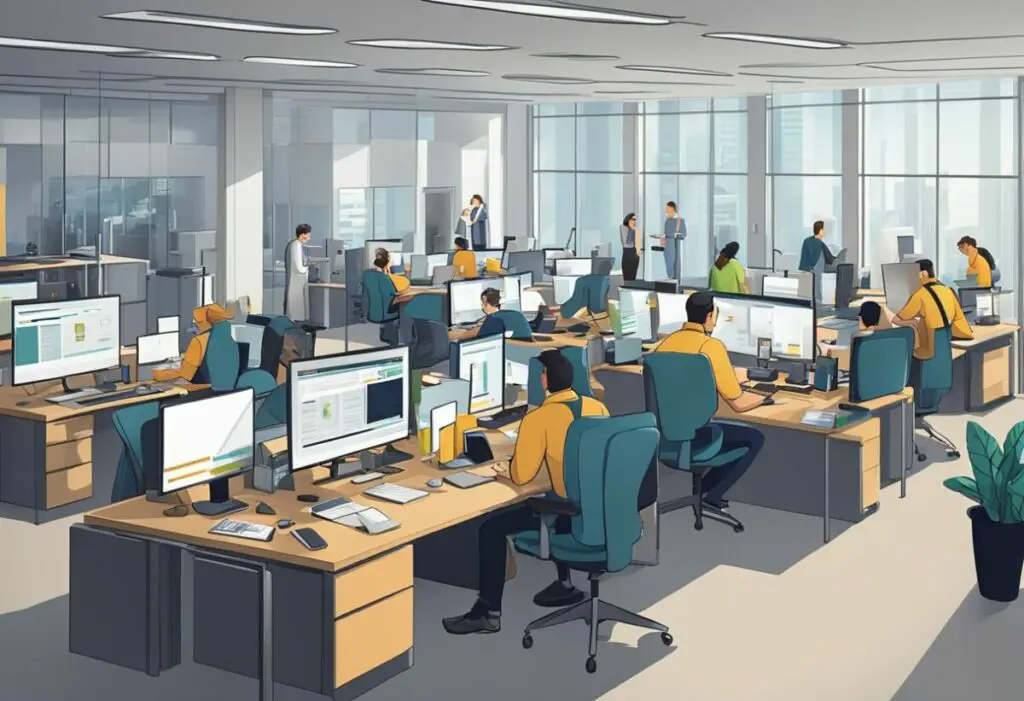 A bustling office with employees working at their desks, phones ringing, and a prominent company logo displayed on the wall