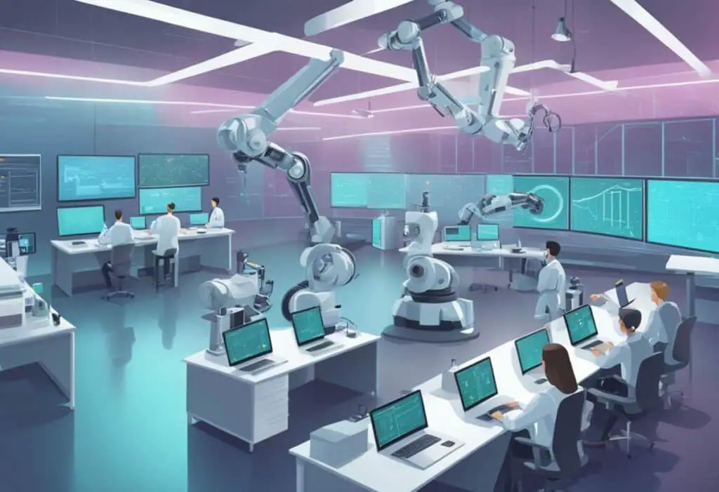 Futuristic laboratory with AI algorithms displayed on screens