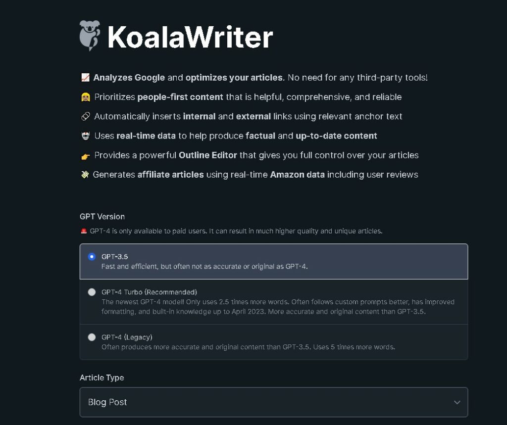 Koala.sh writer for articles feature 