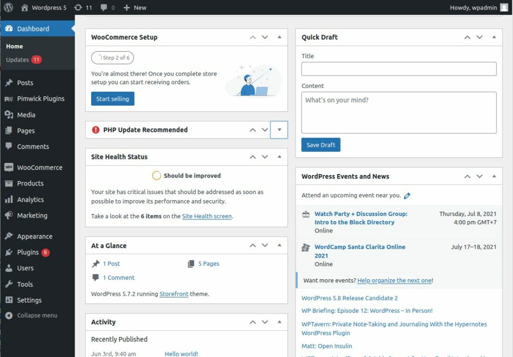 WordPress Dashboard: A user interface with various menu options and widgets, providing access to website settings and content management tools.